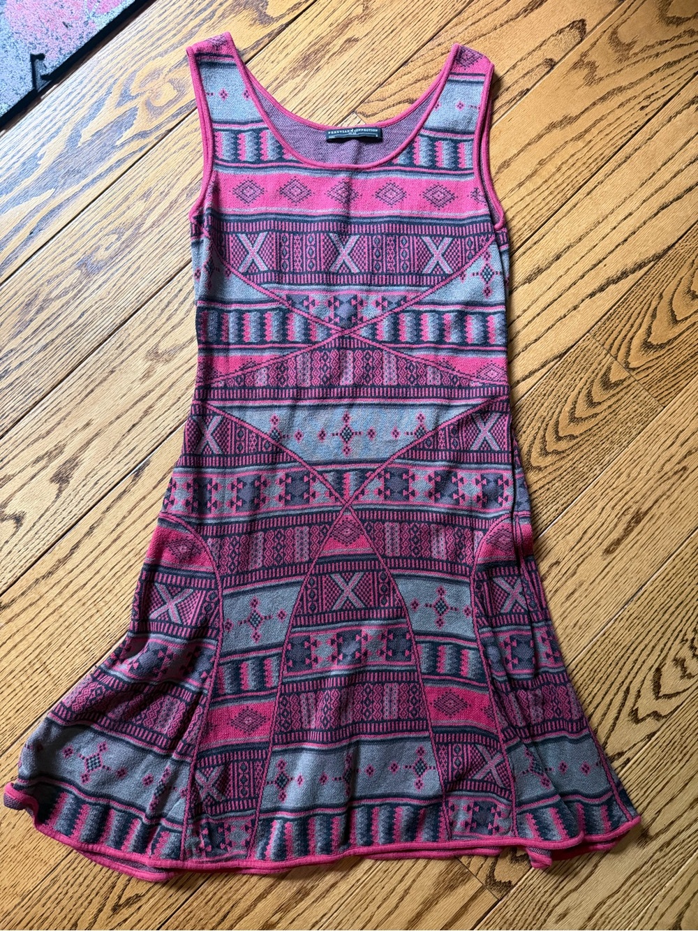 Peruvian Connection Pink & Gray Patterned Knit Mini Dress